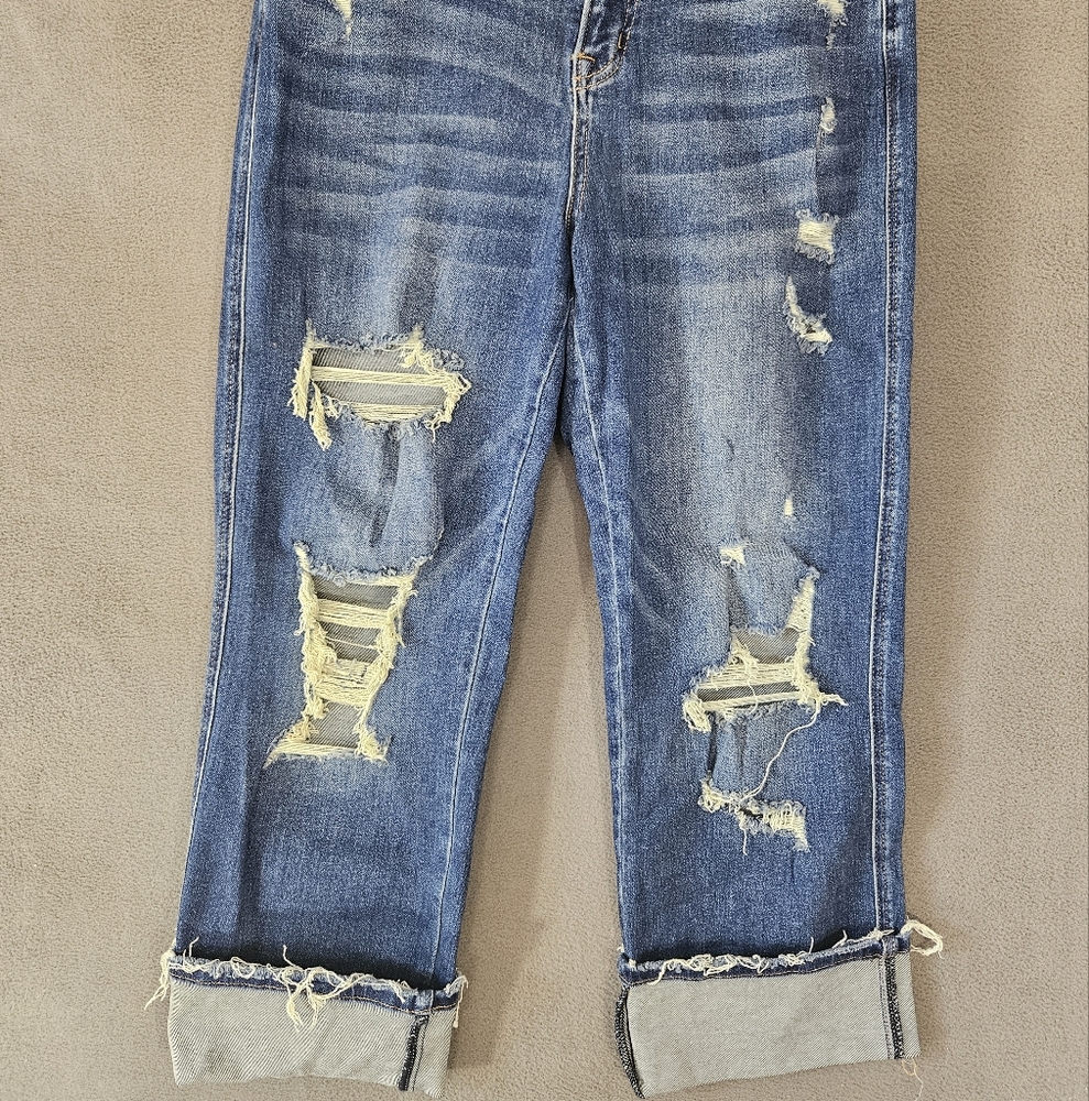 Mica Los Angeles Jeans Destressed High-Rise Crop Cuffed Size 28 Stretch Blue